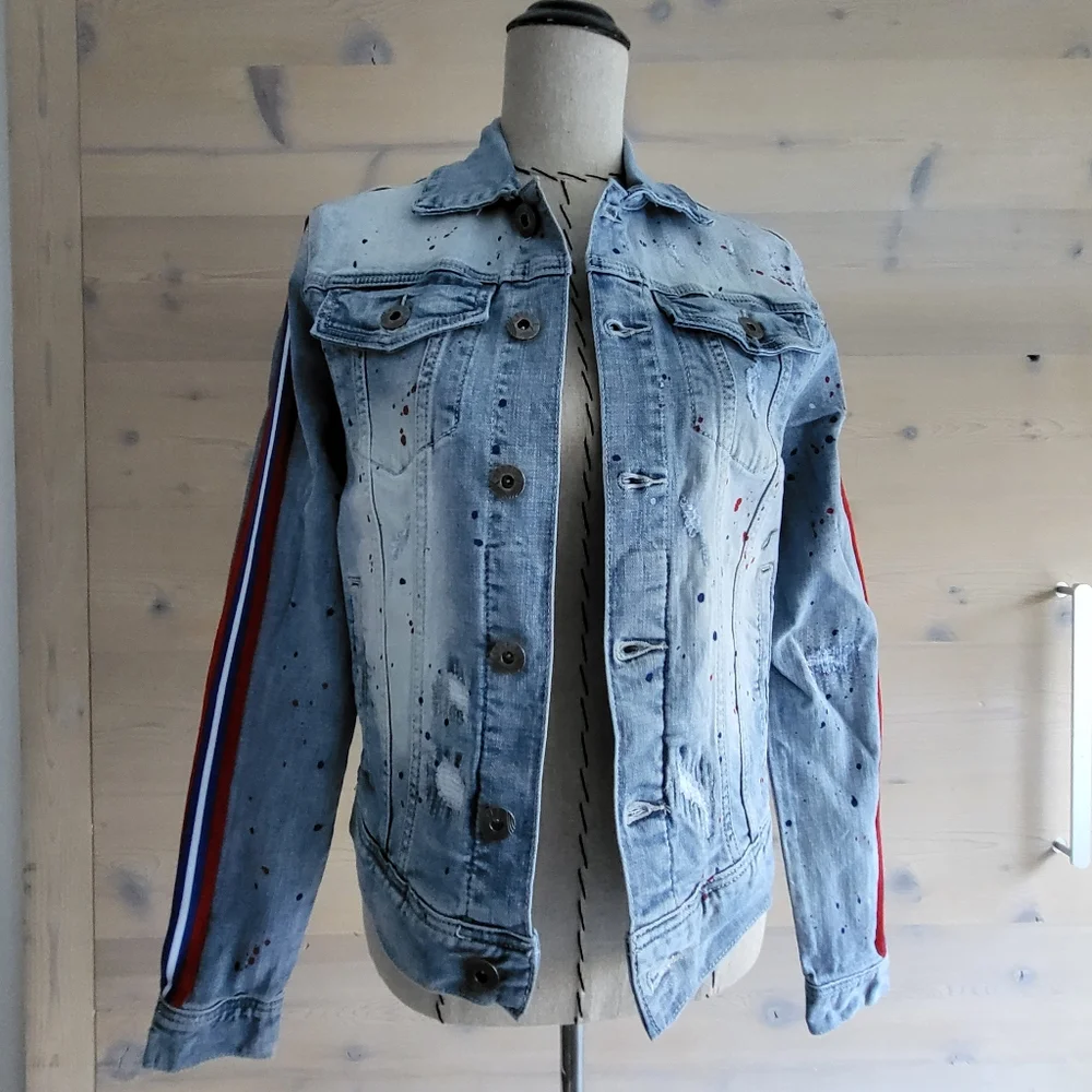 Jeff Staple Splatter Striped Distressed Denim Jean Jacket Unisex XS / W S-M, NWT